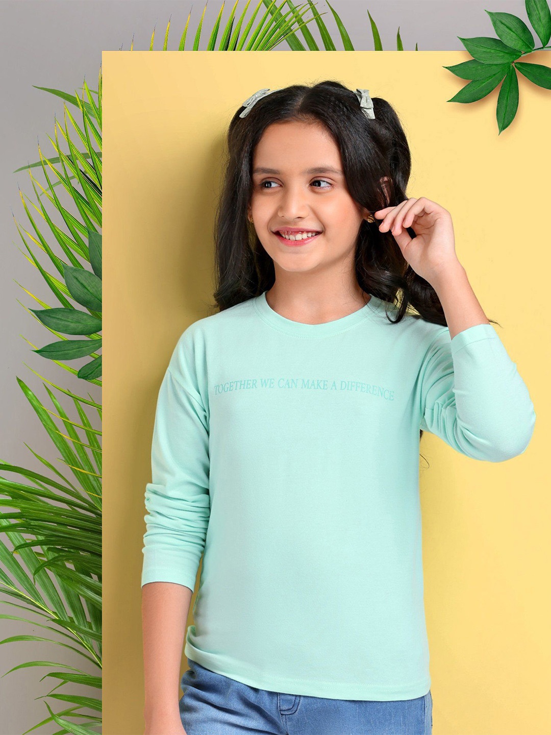 

ARIAS By LARA DUTTA Girls Typography Extended Sleeves Applique T-shirt, Teal