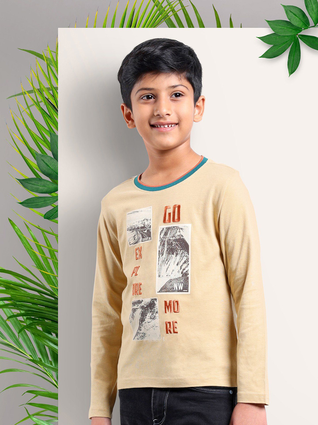 

ARIAS By LARA DUTTA Boys Henley Neck Applique T-shirt, Beige