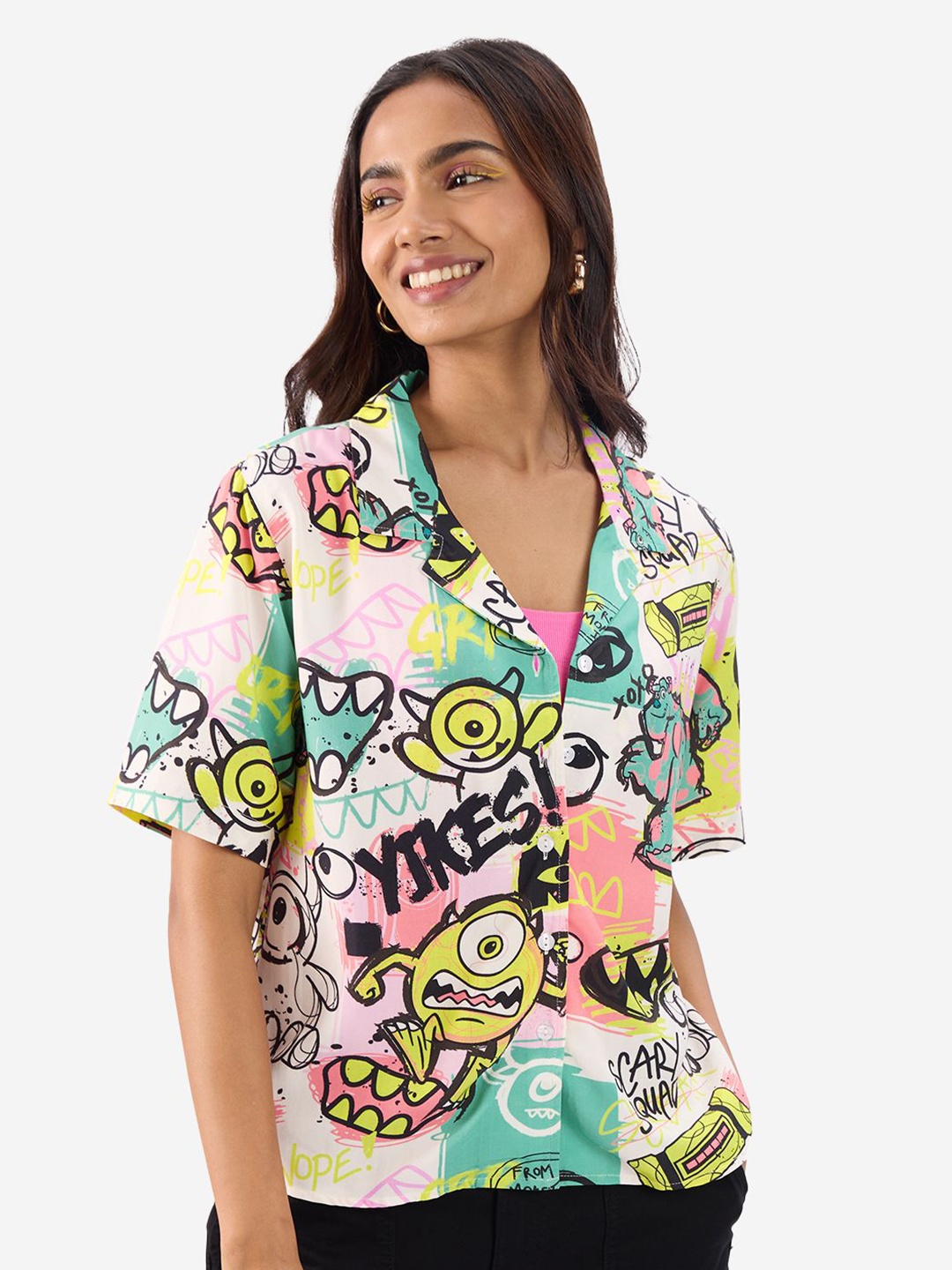 The Souled Store Women Graphic Printed Spread Collar Casual Shirt, Multi