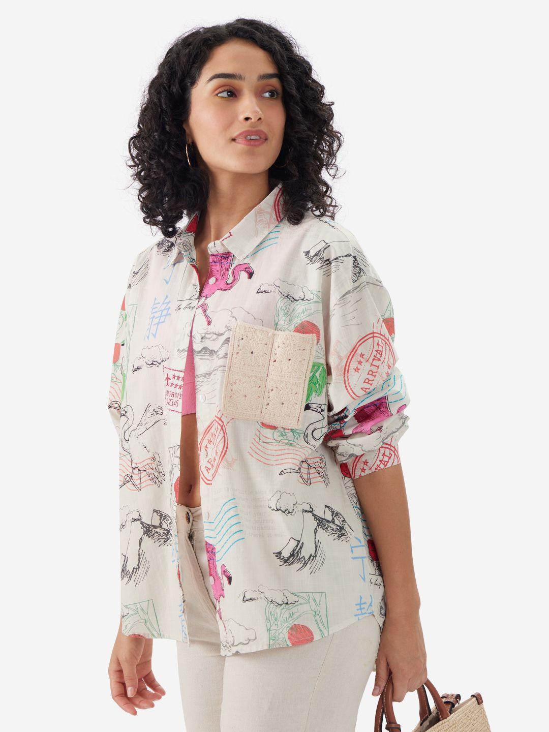 

The Souled Store Women Graphic Printed Spread Collar Casual Shirt, White