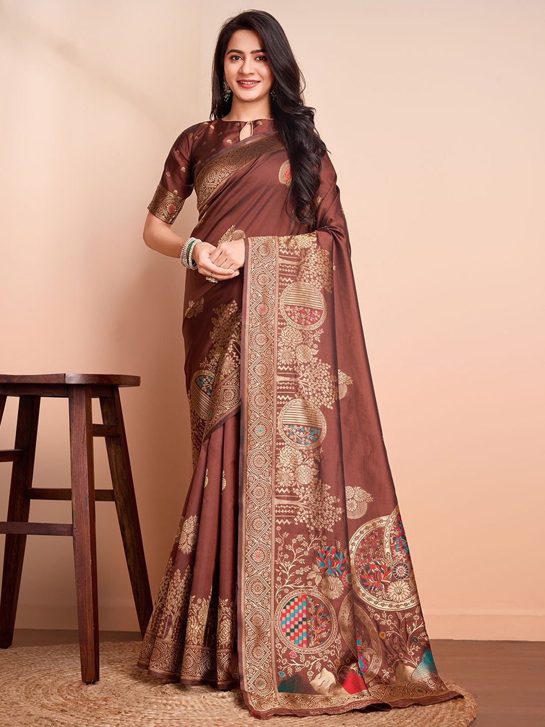 

RICH & ROMAN Ethnic Motifs Woven Design Zari Pure Silk Banarasi Saree, Coffee brown