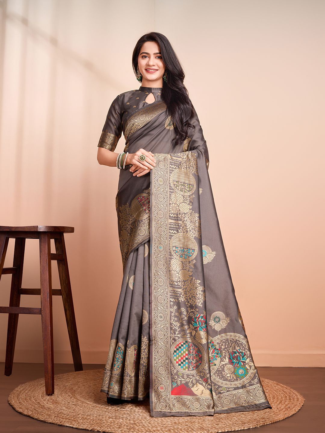 

RICH & ROMAN Ethnic Motifs Woven Design Zari Pure Silk Banarasi Saree, Grey