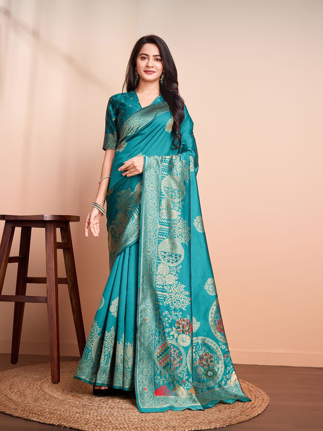 

RICH & ROMAN Ethnic Motif Zari Woven Pure Silk Saree, Teal
