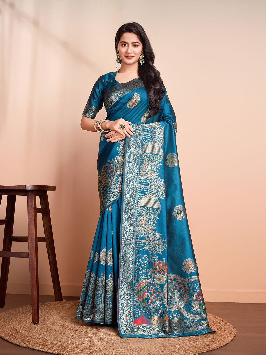 

RICH & ROMAN Ethnic Motifs Woven Design Zari Pure Silk Banarasi Saree, Blue