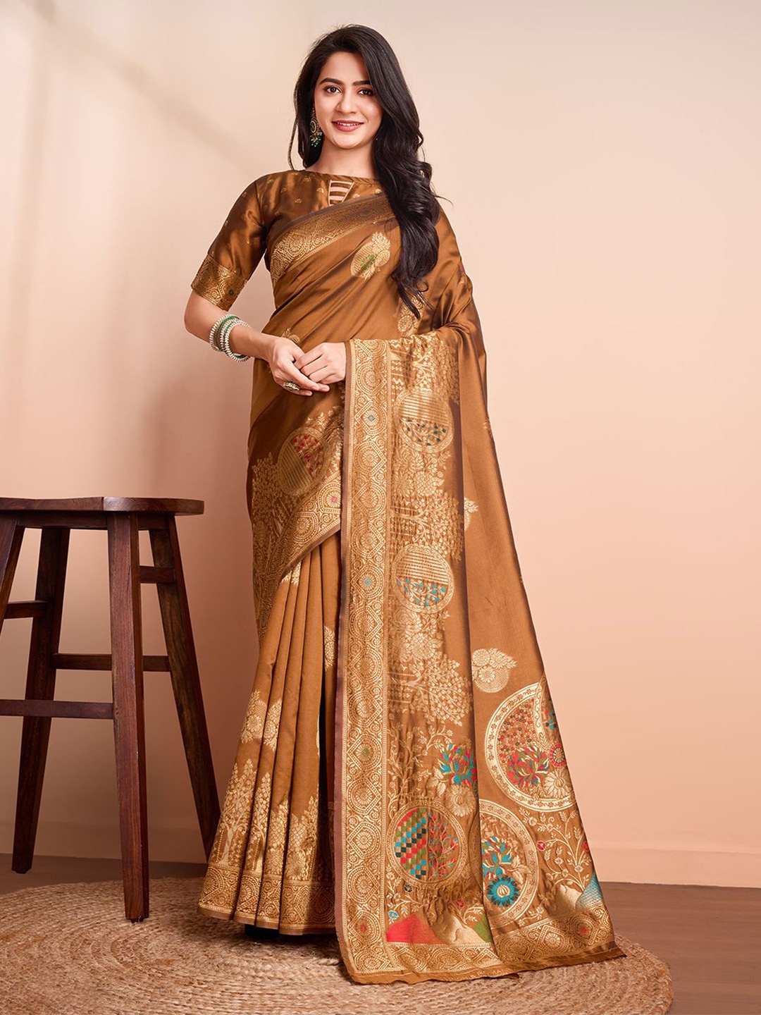 

RICH & ROMAN Ethnic Motifs Zari Pure Silk Banarasi Saree, Mustard