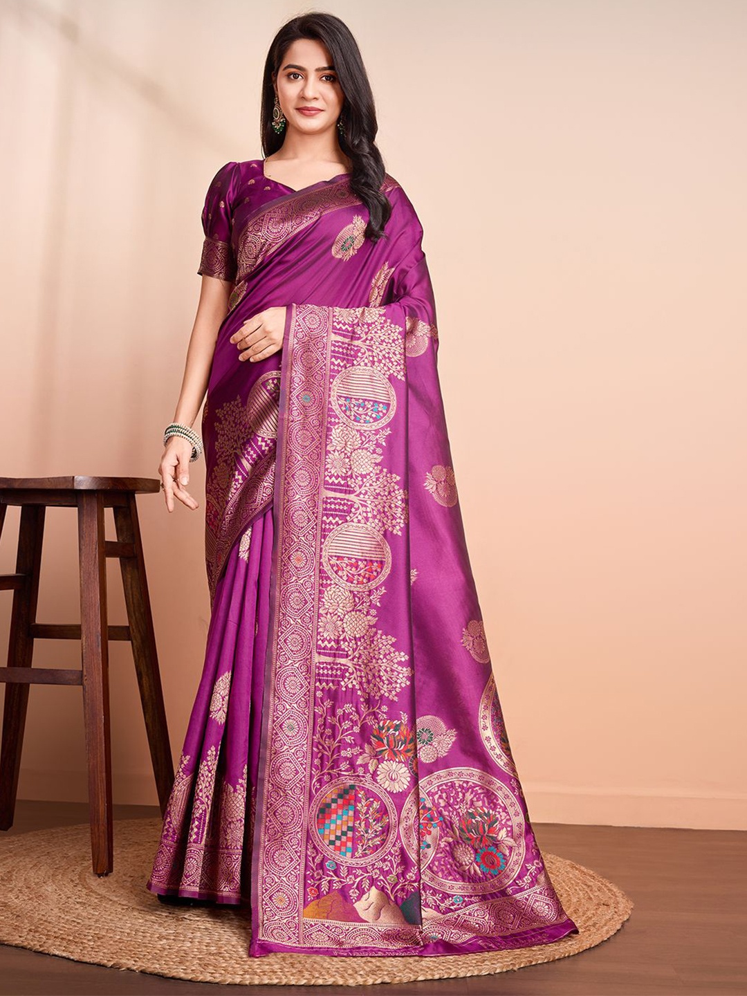 

RICH & ROMAN Ethnic Motif Zari Woven Pure Silk Saree, Pink