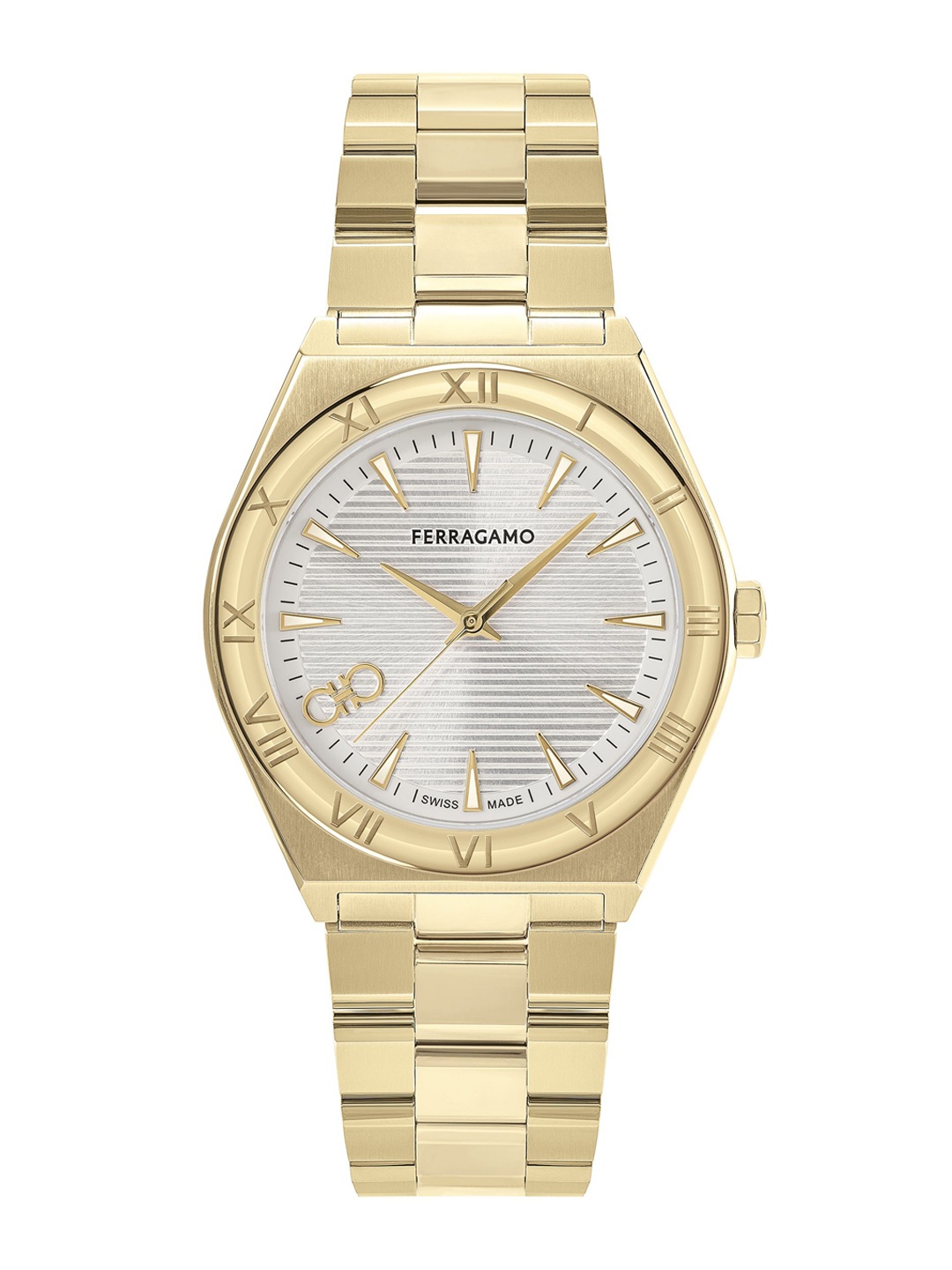 

Ferragamo Men Brass Patterned Dial & Stainless Steel Bracelet Style Straps Analogue Watch SFKV00323, Silver