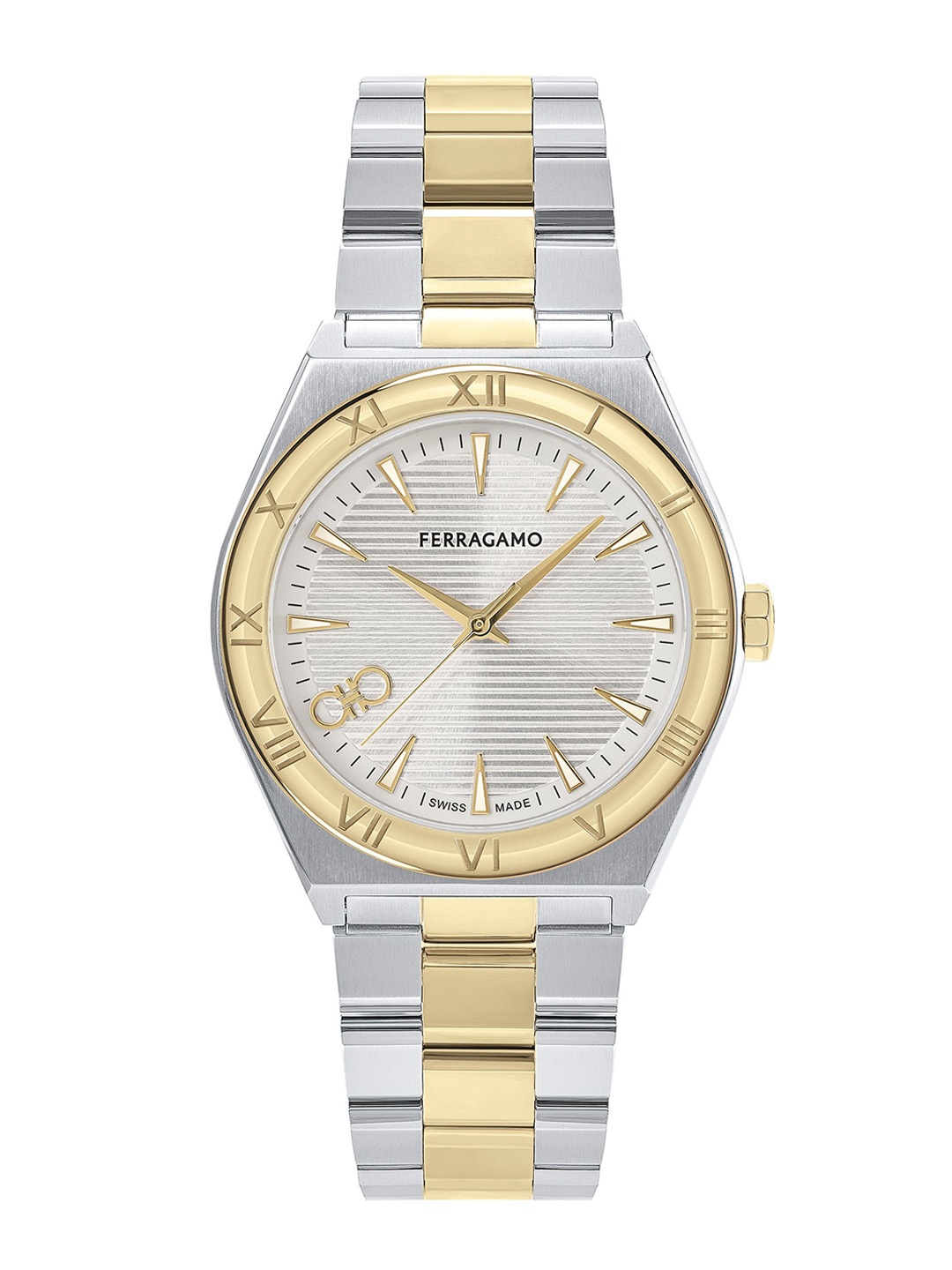 

Ferragamo Men Brass Patterned Dial & Stainless Steel Bracelet Style Straps Analogue Watch SFKV00223, Silver