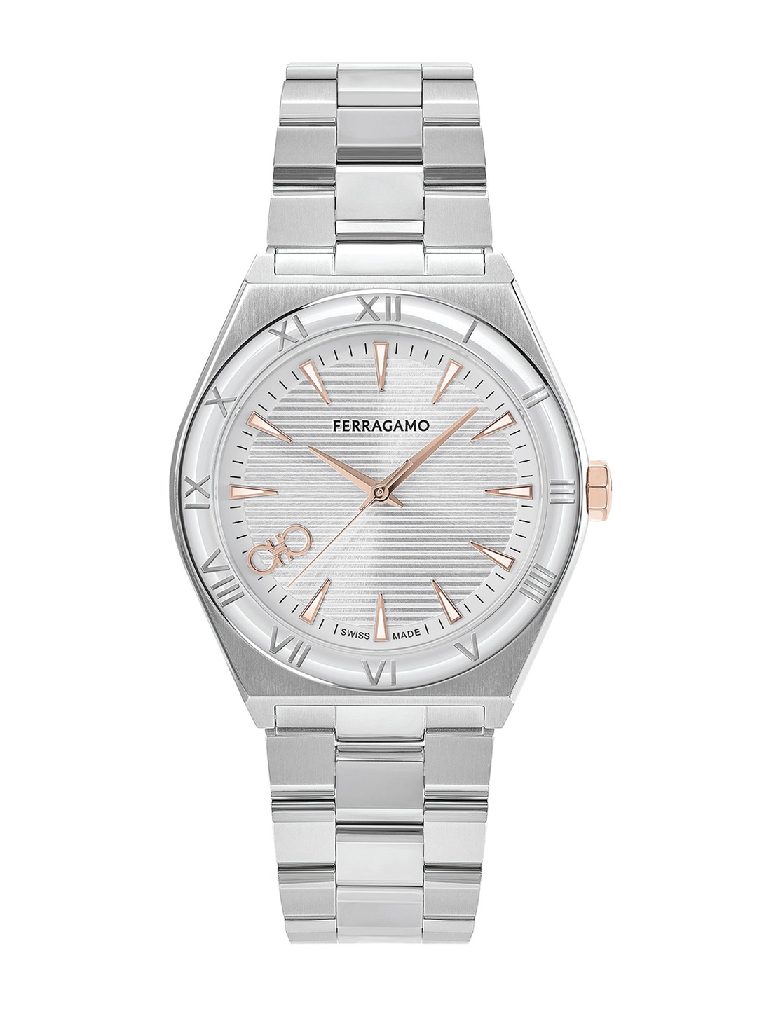 

Ferragamo Men Brass Dial & Stainless Steel Bracelet Style Straps Analogue Watch SFKV00123, Silver