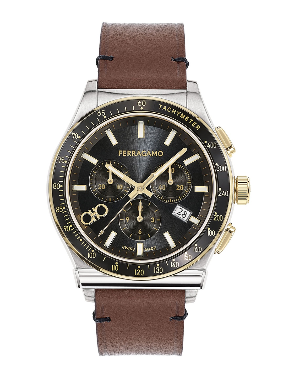 

Ferragamo Men Textured Brass Dial & Leather Straps Chronograph Analogue Watch SFKZ00323, Black