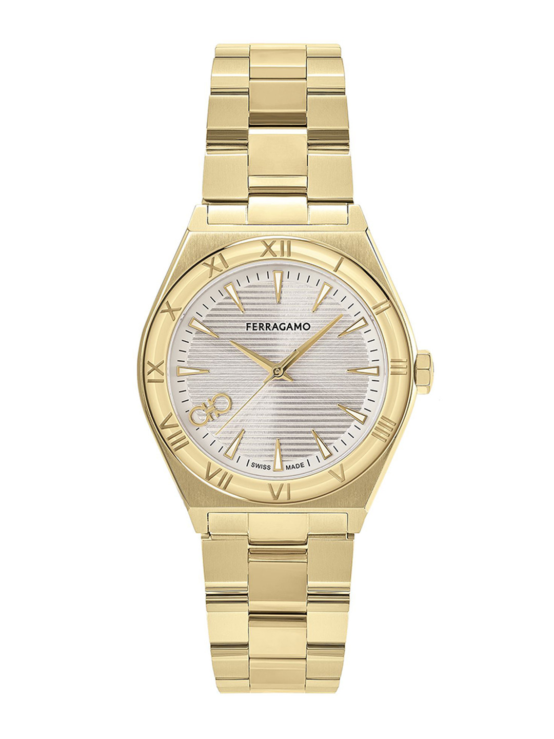 

Ferragamo Women Brass Embellished Dial & Stainless Steel Bracelet Style Straps Analogue Watch SFKY00323, Silver