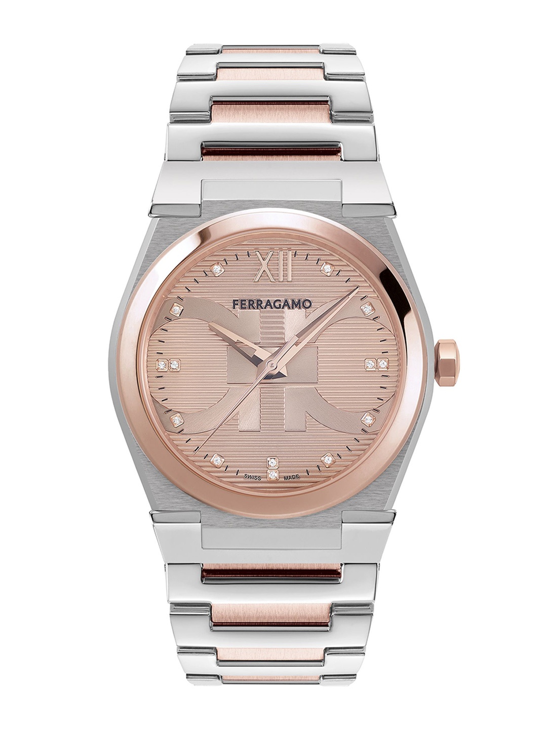 

Ferragamo Men Brass Embellished Dial & Stainless Steel Bracelet Style Straps Analogue Watch SFYF01223, Rose gold