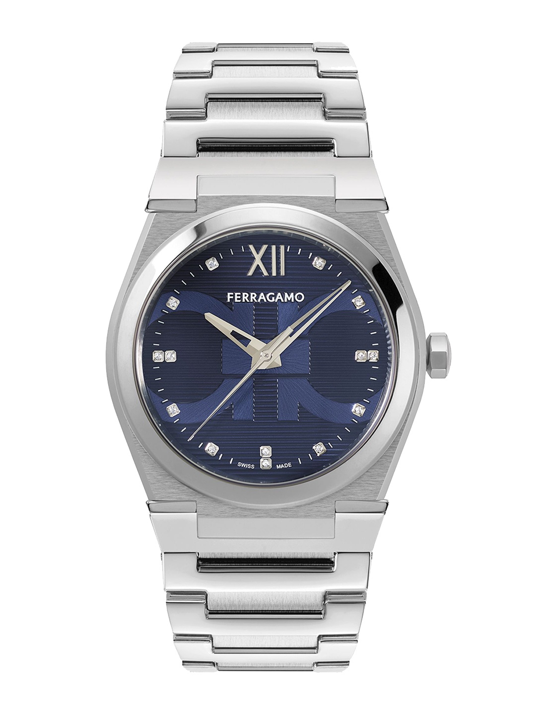 

Ferragamo Men Brass Embellished Dial & Stainless Steel Bracelet Style Straps Analogue Watch SFYF01023, Blue