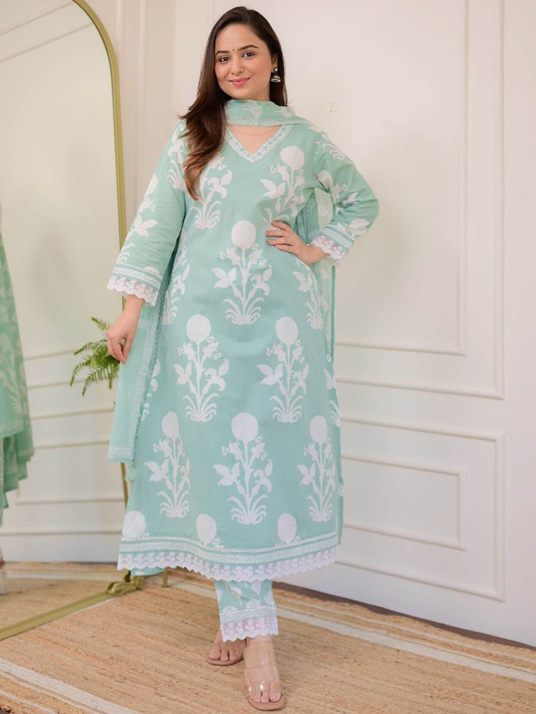 

KALINI Floral Printed V-Neck Mirror Work Pure Cotton Kurta With Trousers & Dupatta, Sea green