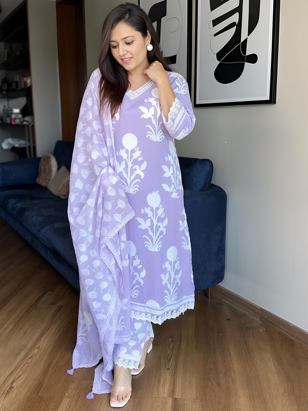 

KALINI Floral Printed Regular Pure Cotton Kurta with Trousers & With Dupatta, Purple