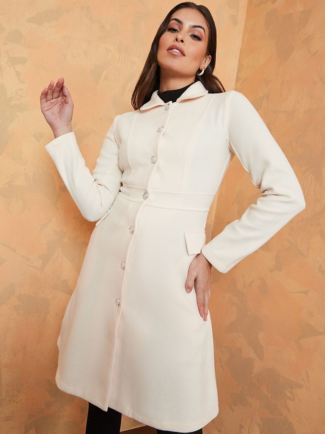 

Styli Women Wool Like Knee Length Button Through Regular Fit Coat, Beige