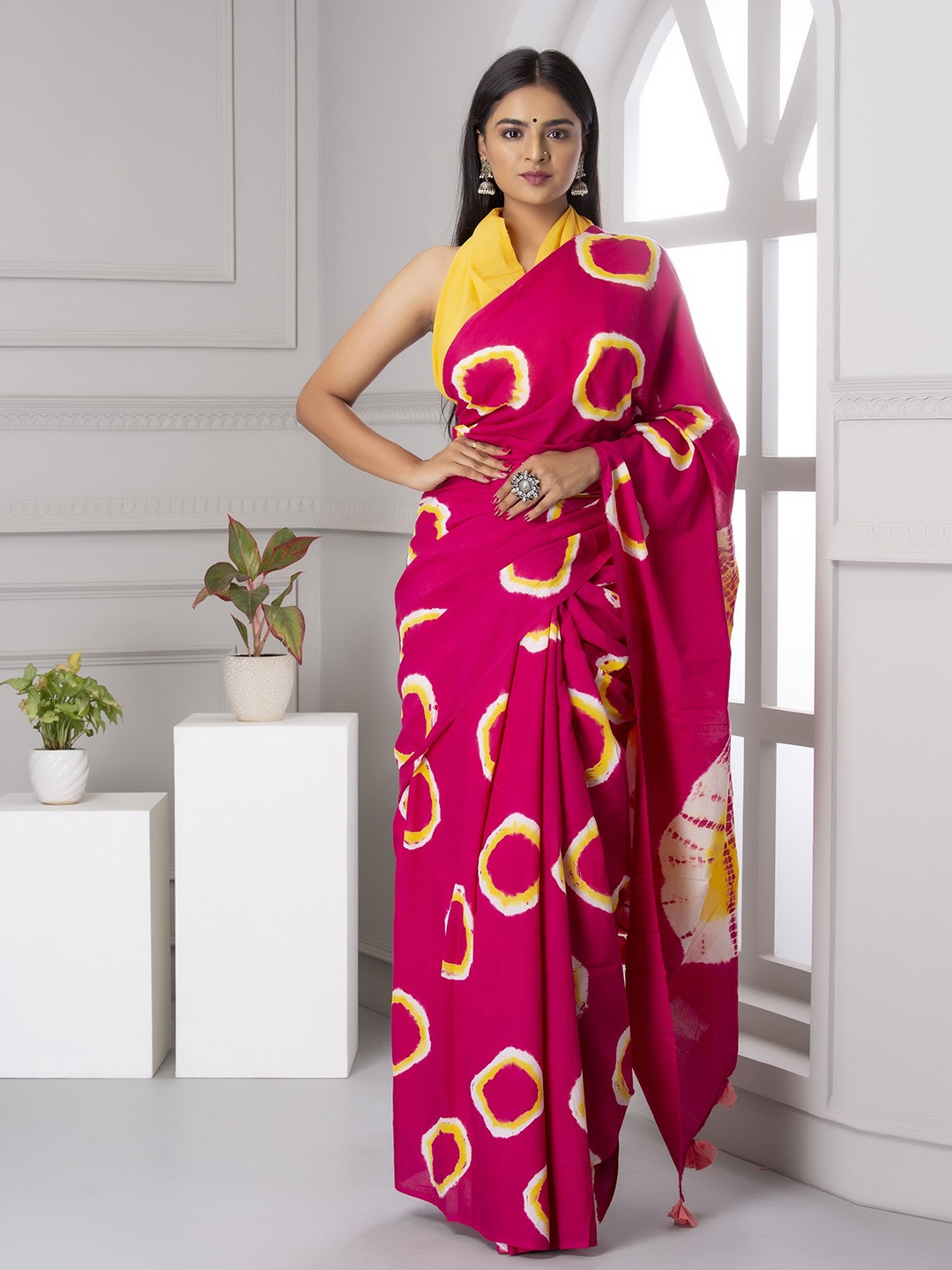 

JAIPURI PRINT Bandhani Pure Cotton Block Print Saree, Pink