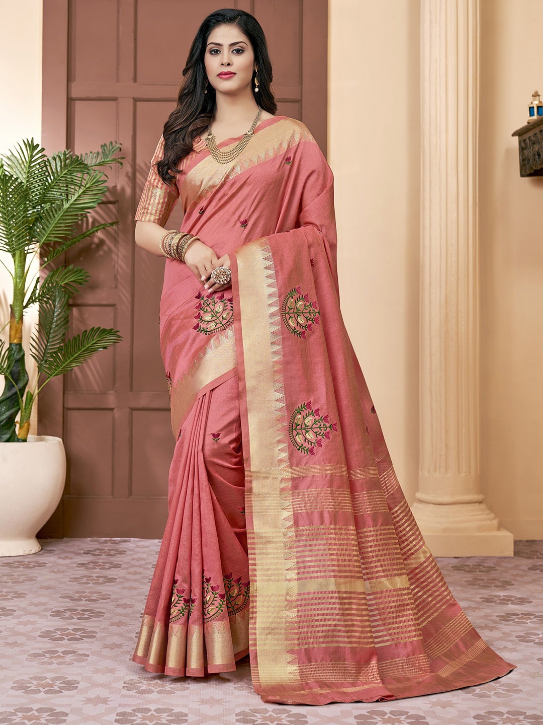 

KALINI Floral Ethnic Motif Embroidered Zari Woven Saree, Peach