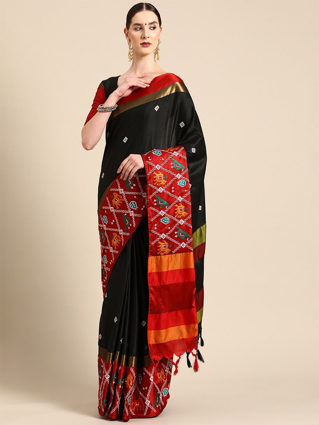 

KALINI Ethnic Motif Embroidered Zari Woven Patola Saree, Black