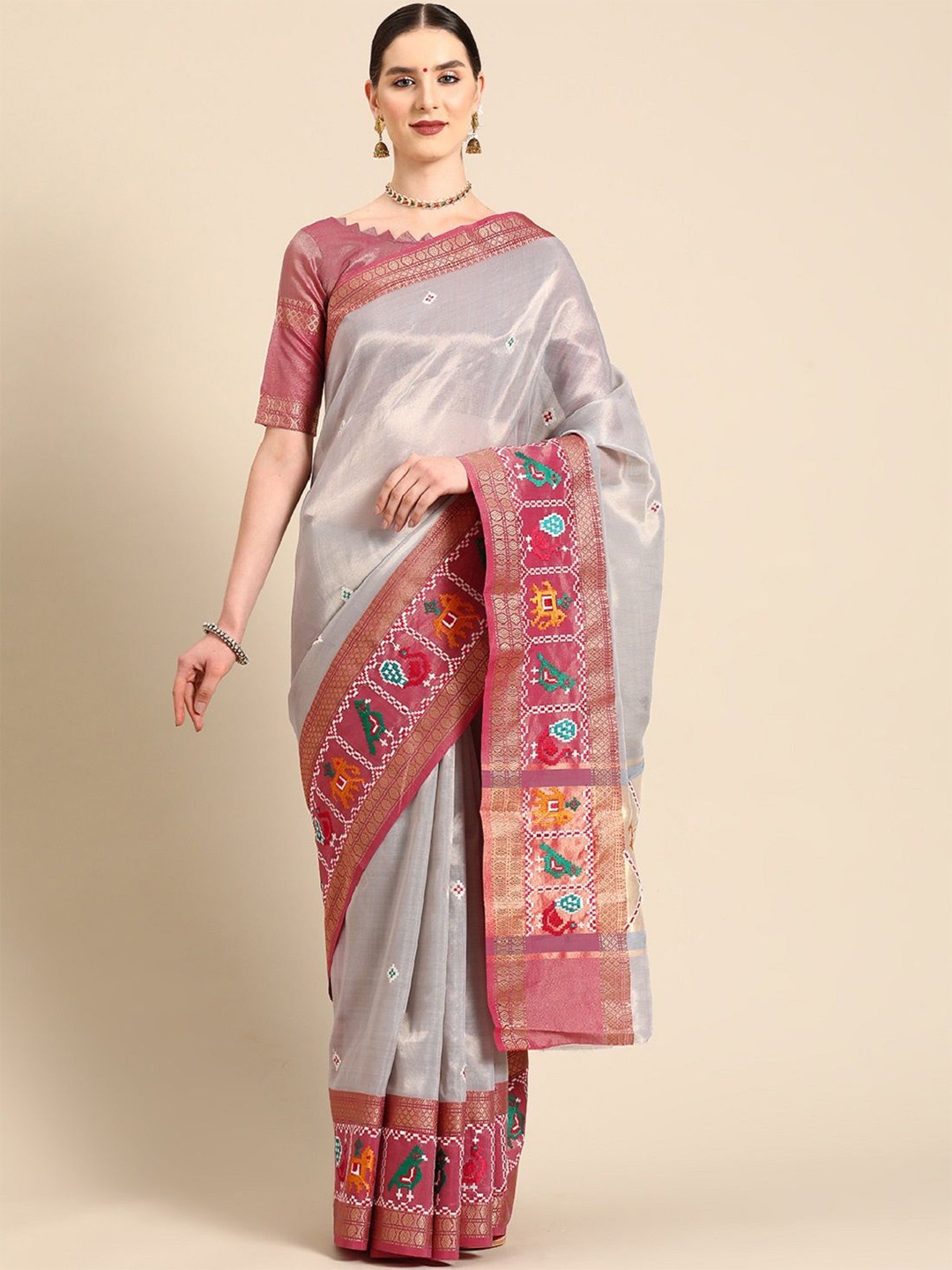 

KALINI Ethnic Motif Embroidered Zari Woven Patola Saree, Grey