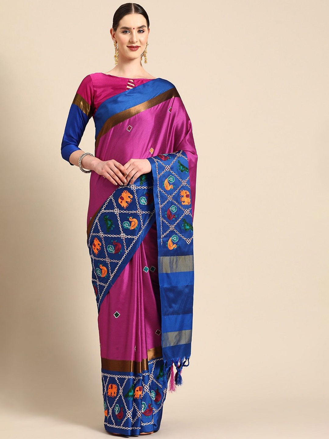 

KALINI Ethnic Motif Embroidered Zari Woven Patola Saree, Pink