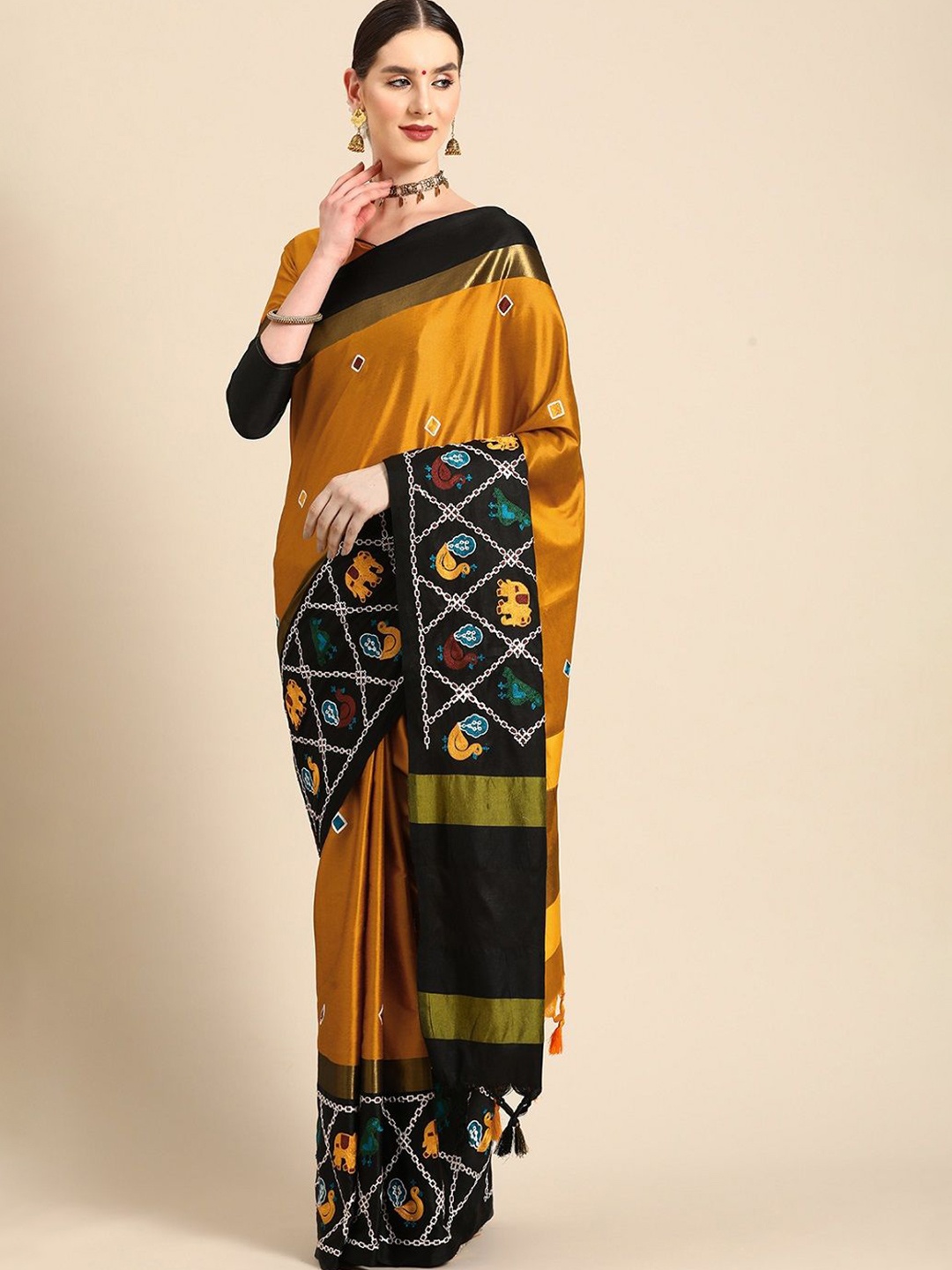 

KALINI Ethnic Motif Embroidered Zari Woven Patola Saree, Yellow