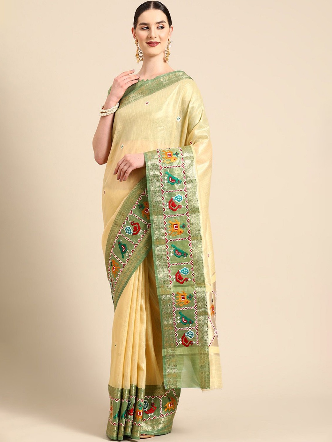 

KALINI Ethnic Motif Embroidered Zari Woven Patola Saree, Yellow