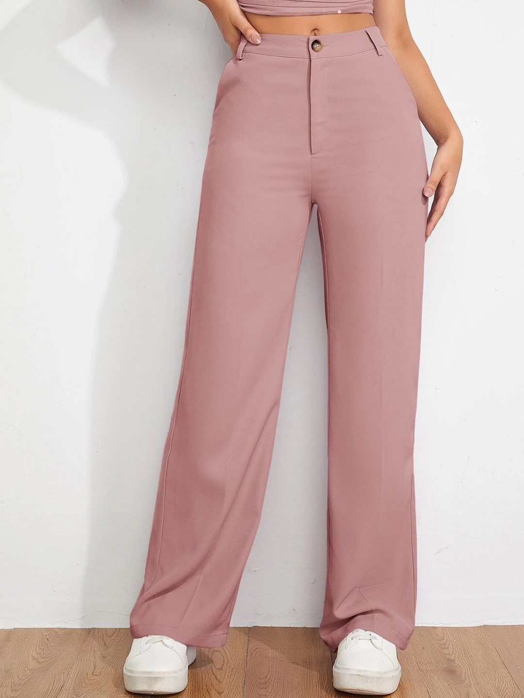 

FNOCKS Women Relaxed Straight Leg Straight Fit Mid-Rise Trousers, Pink