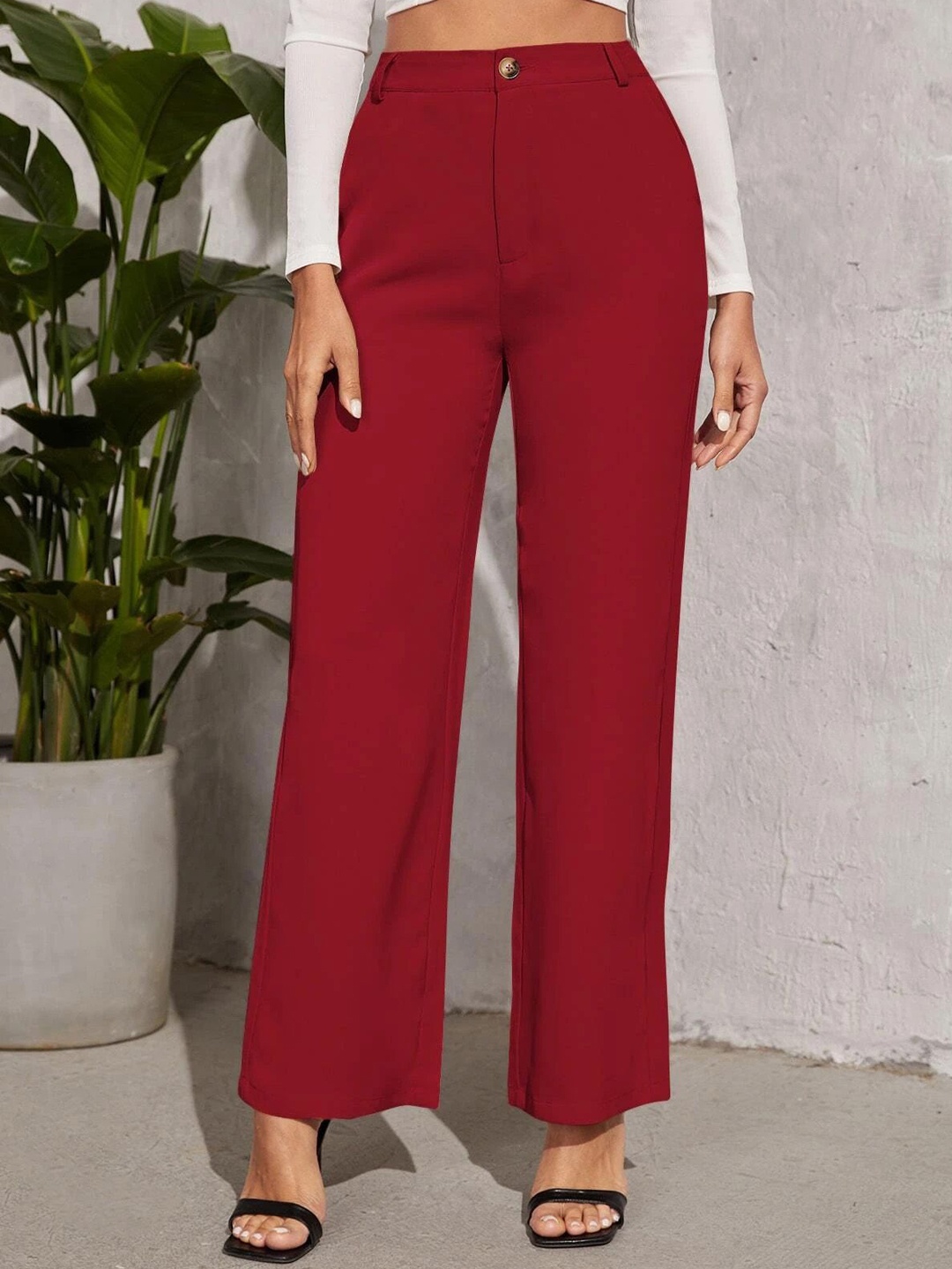 

FNOCKS Women Relaxed Straight Leg Straight Fit Mid-Rise Trousers, Maroon
