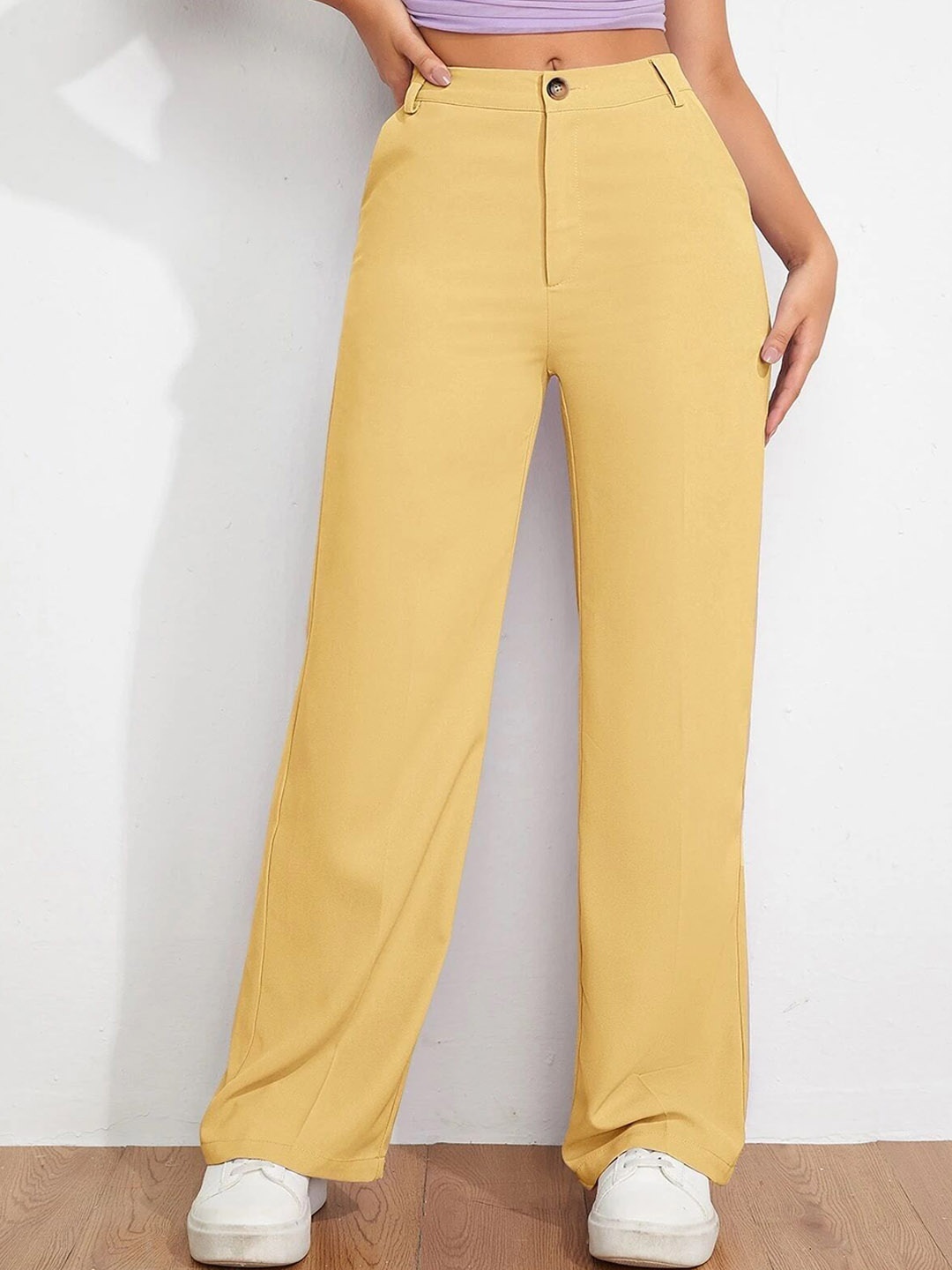 

FNOCKS Women Relaxed Straight Leg Straight Fit High-Rise Trousers, Yellow