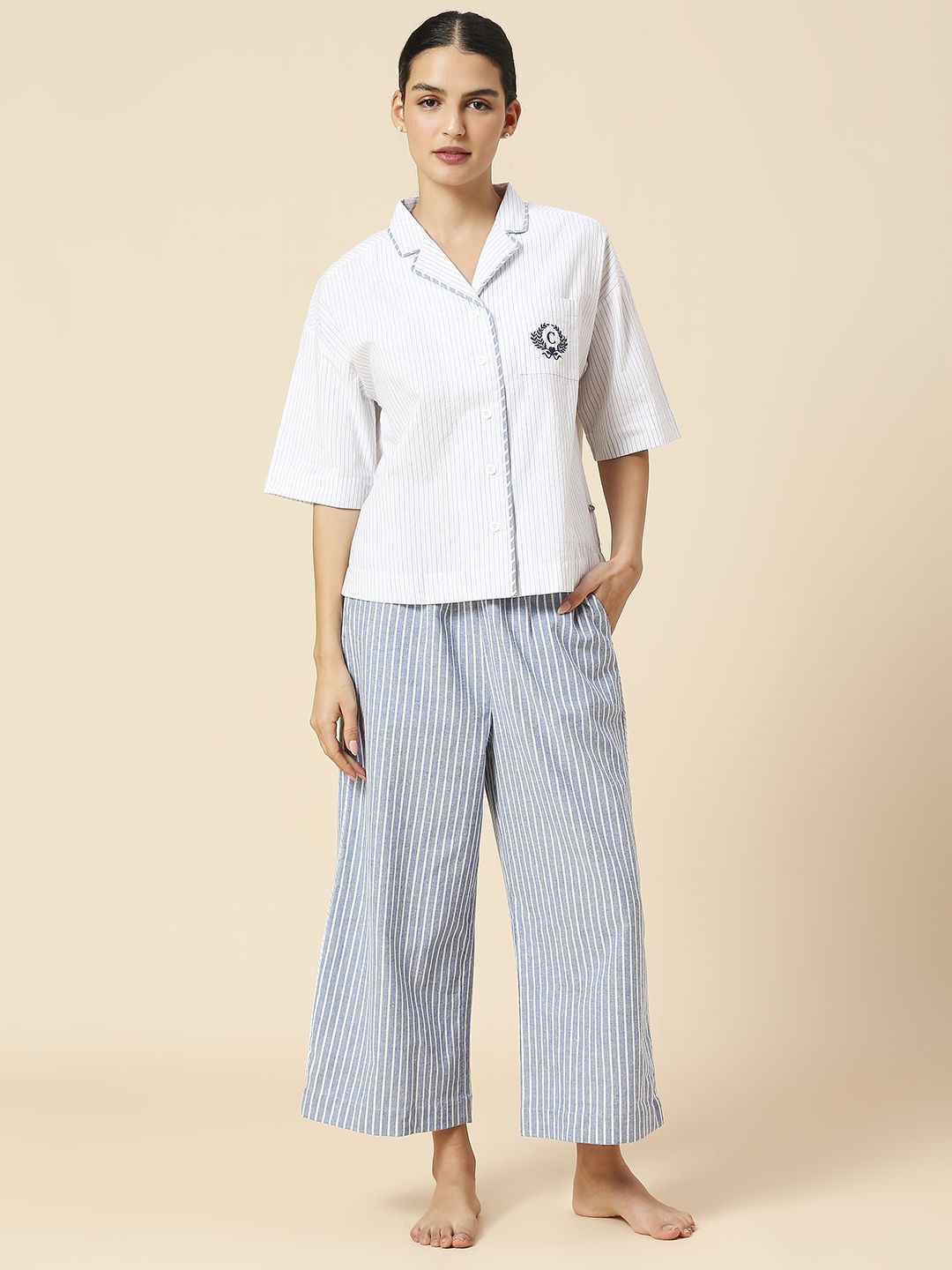 

Chemistry Striped Lapel Collar Embroidered Pocket Detail Pure Cotton Shirt with Pyjamas, Blue