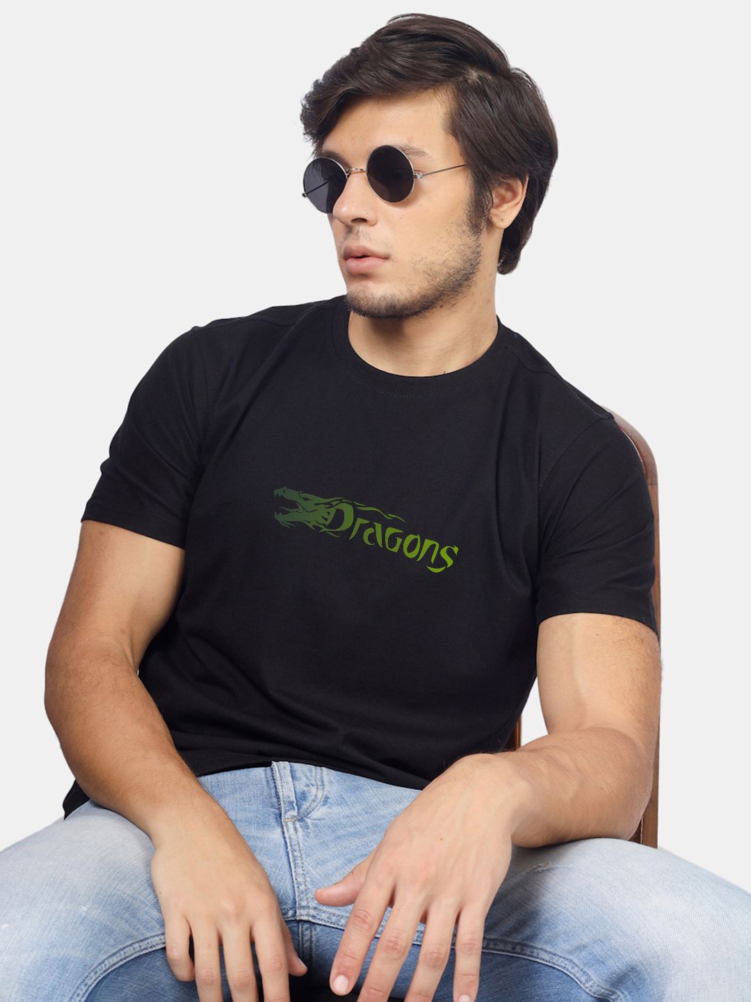 Greylongg Men Graphic Printed Round Neck T-shirt, Black