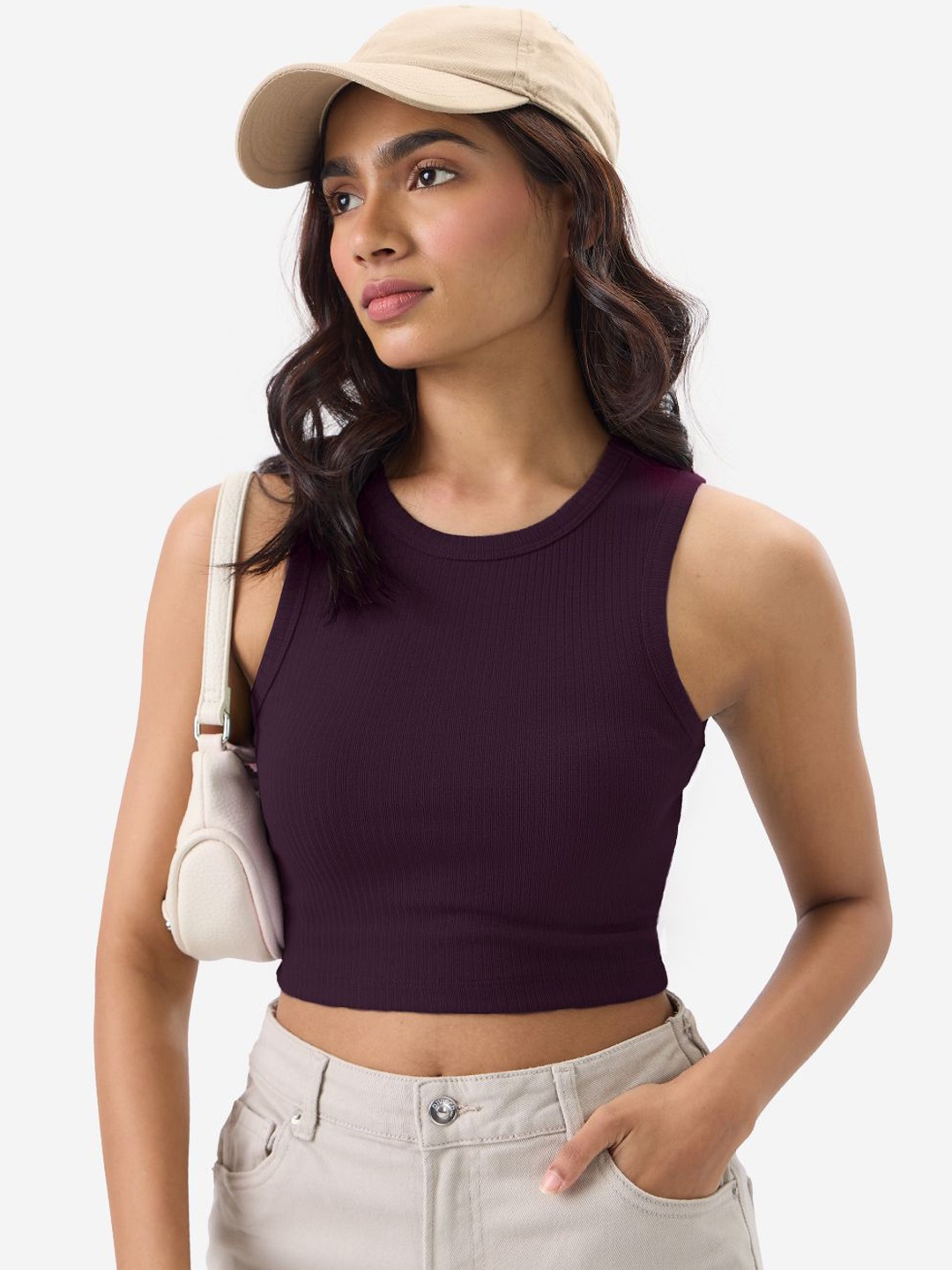 

The Souled Store Women Slim Fit Sleeveless Cotton Top, Burgundy