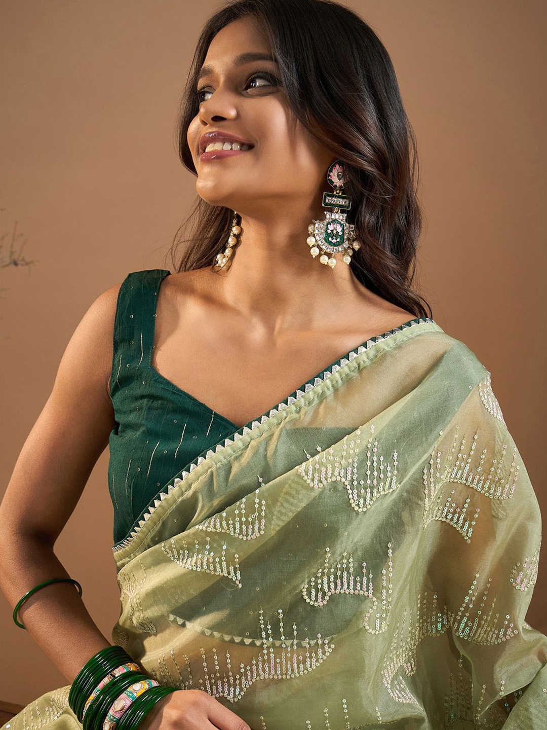 

Saree mall Organza Embellished Sequinned Sarees, Green
