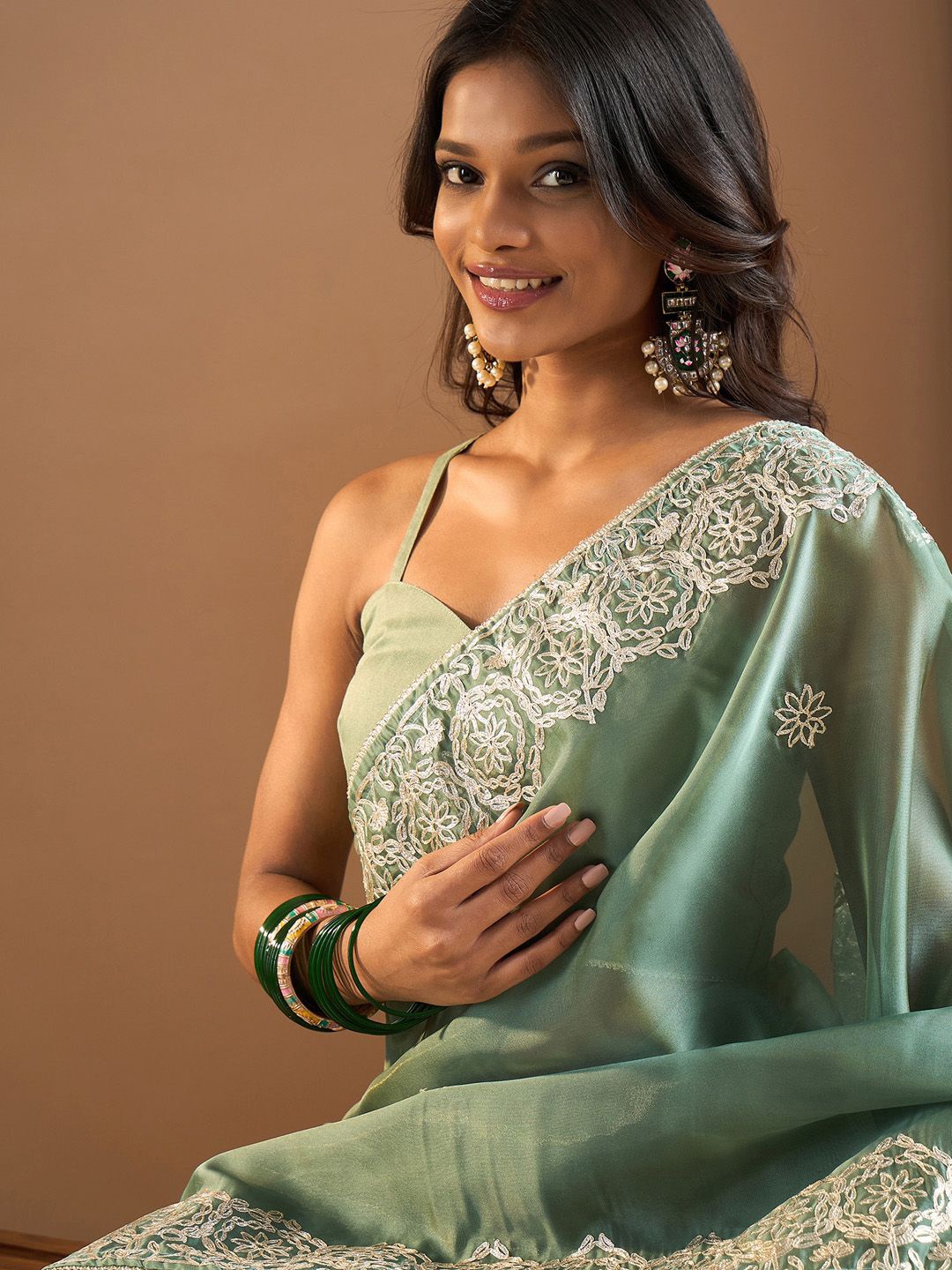 

Saree mall Embellished Embroidered Organza Sarees, Sea green