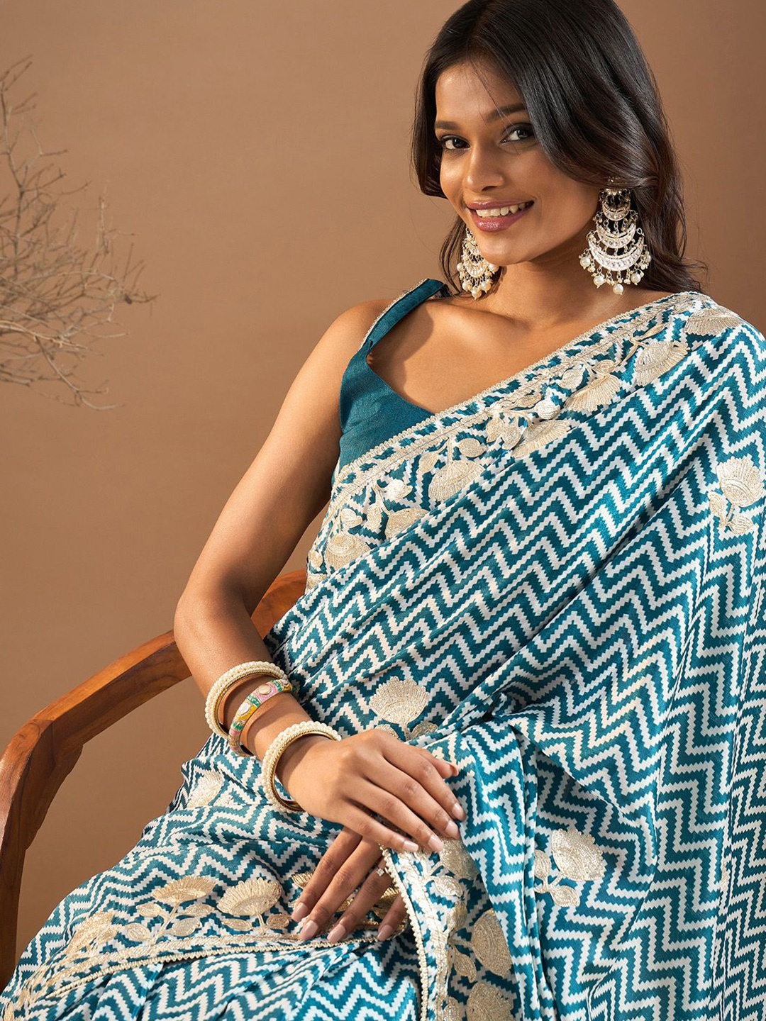 

Saree mall Geometric Printed Sequinned Poly Chiffon Sarees, Teal