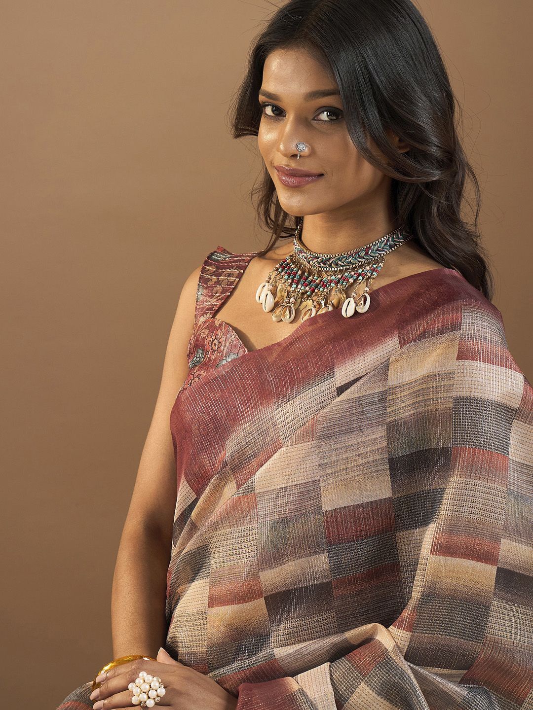 

Saree mall Organza Block Print Ethnic Motifs Sarees, Brown