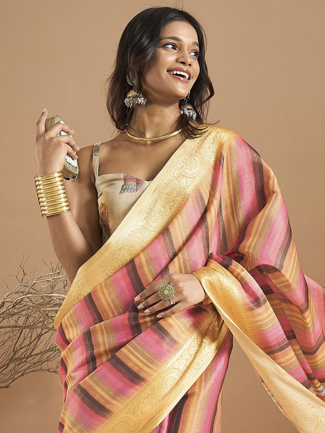 

Saree mall Striped Zari Kanjeevaram Saree, Pink