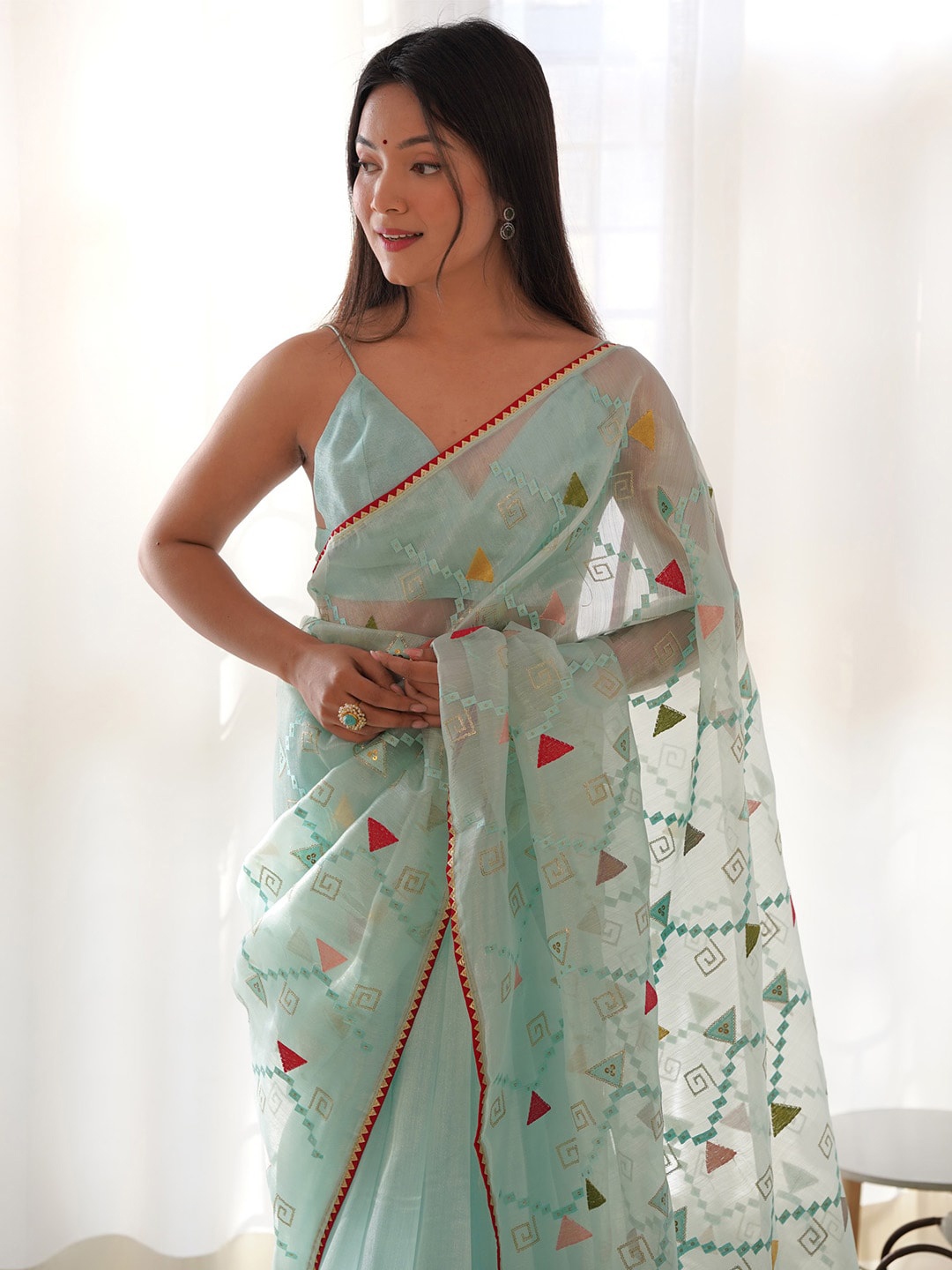 

Saree mall Sequinned Organza Geometric Sarees, Blue