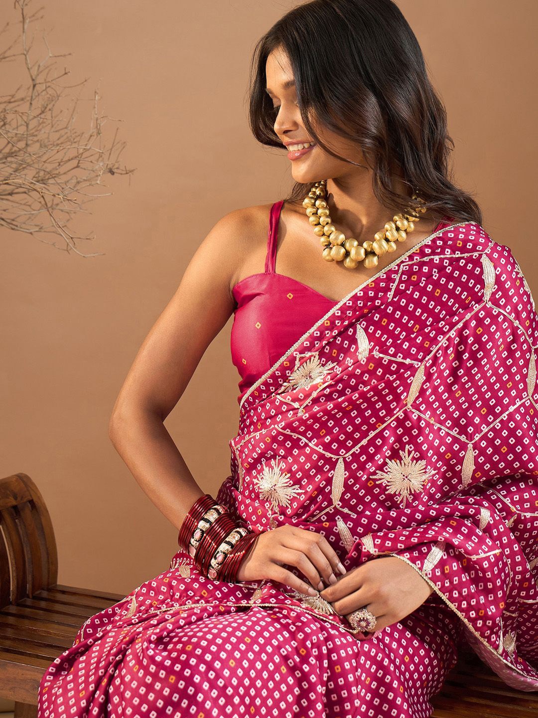 

Saree mall Embroidered Gotta Patti Satin Bandhani Sarees, Pink