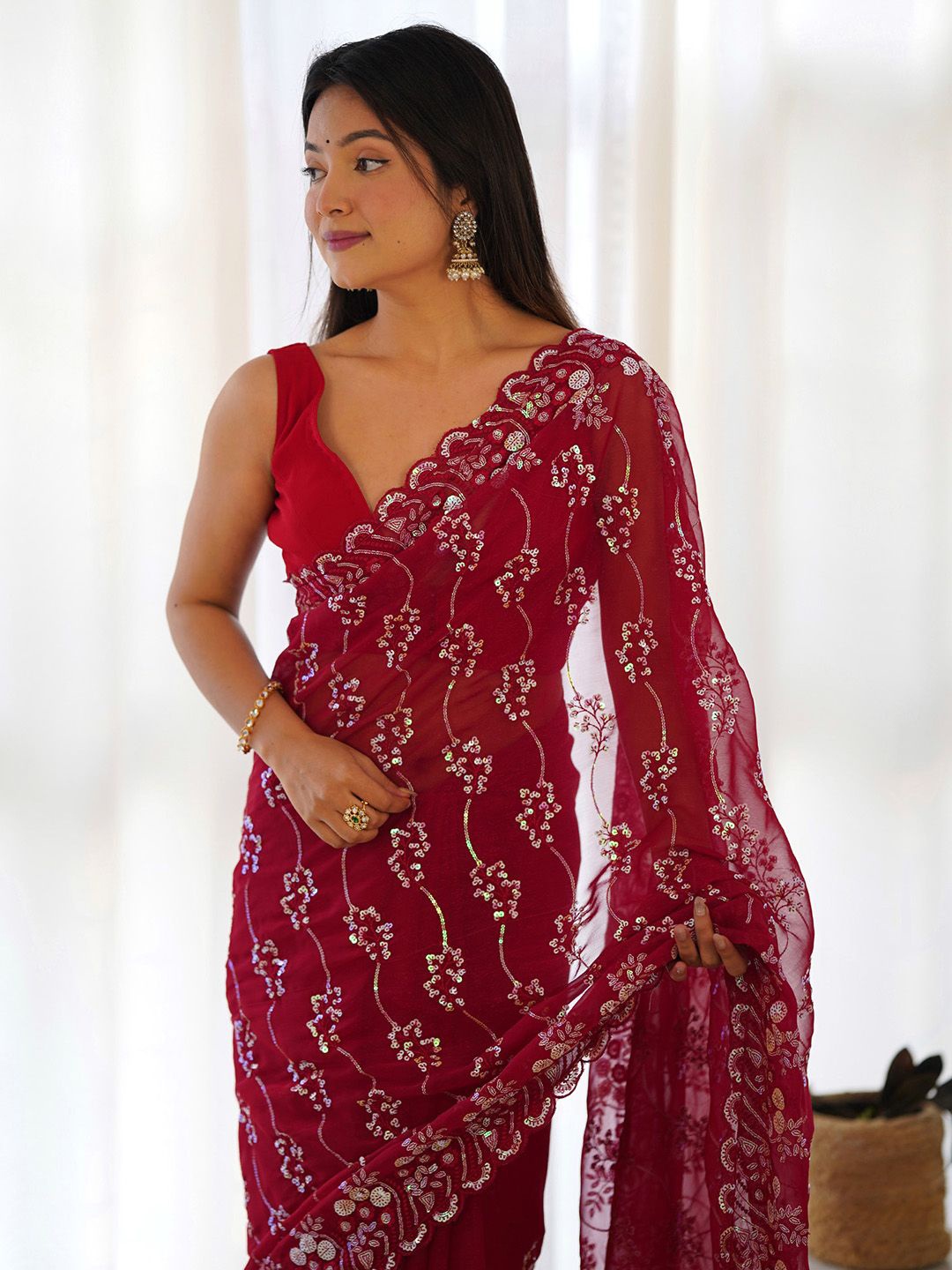 

Saree mall Embellished Sequinned Poly Georgette Sarees, Red