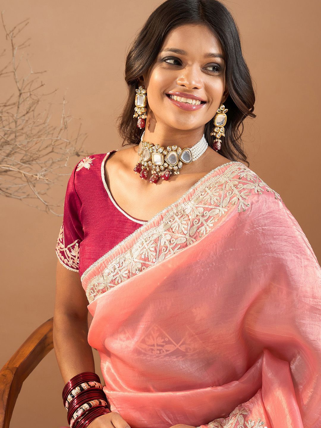 

Saree mall Embroidered Solid Sarees, Peach