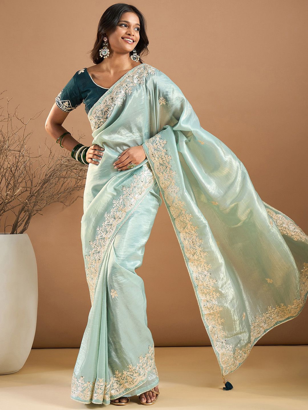

Saree mall Ethnic Motifs Embroidered Sequinned Saree, Sea green