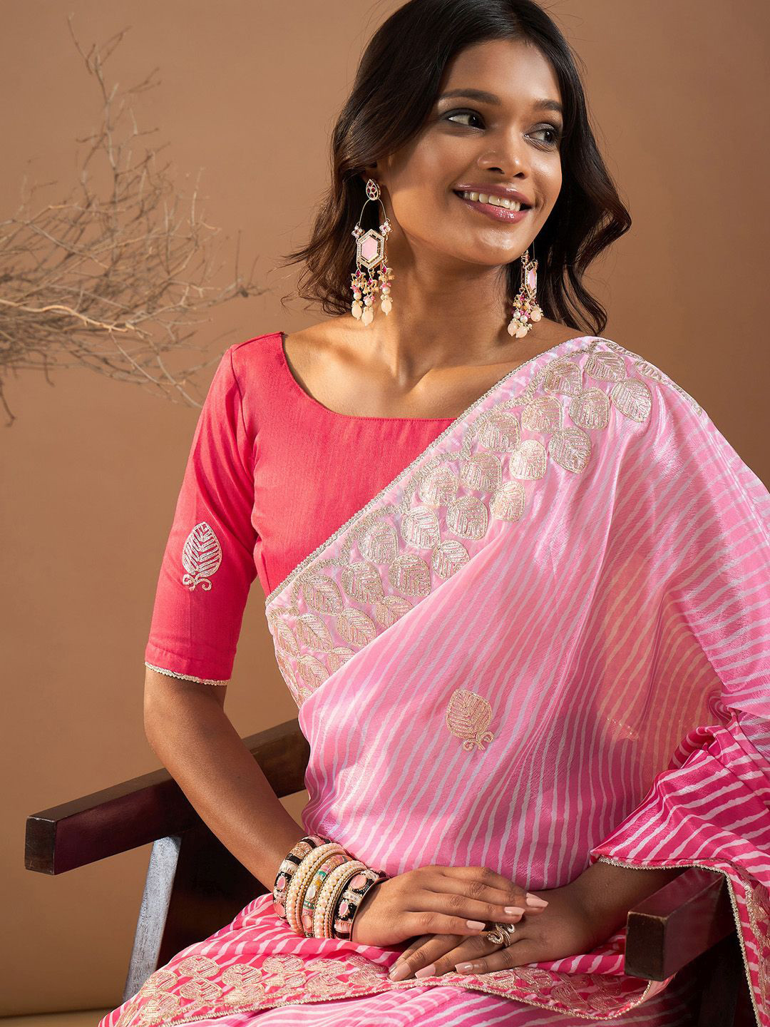 

Saree mall Embroidered Poly Chiffon Leheriya Saree, Pink