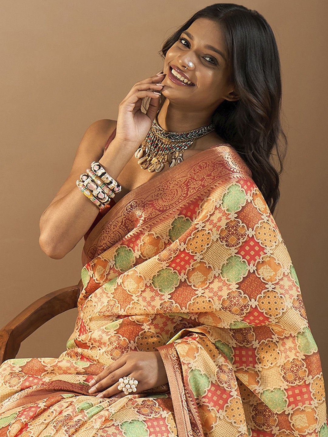 

Saree mall Ethnic Motifs Zari Sungudi Sarees, Beige