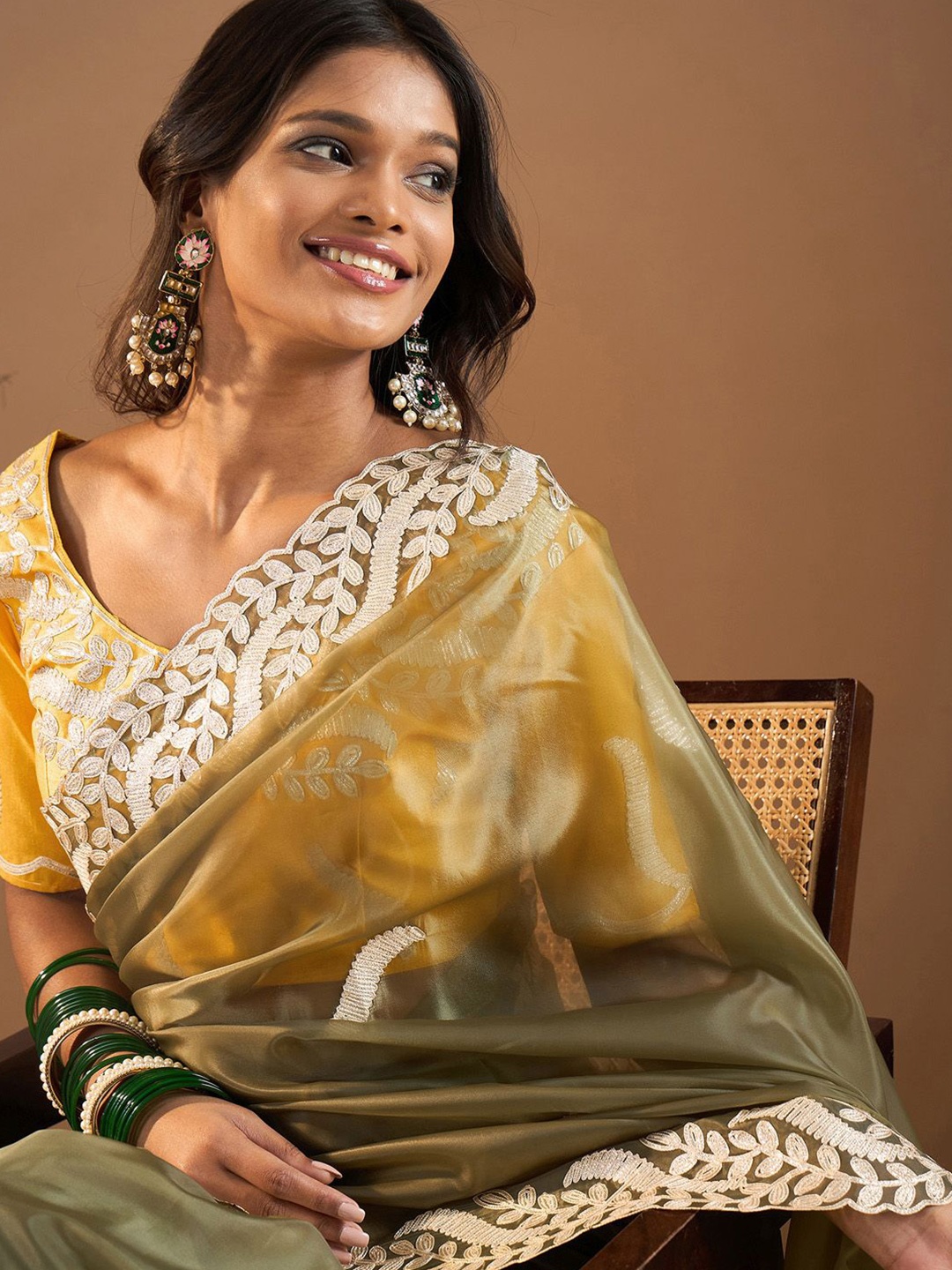 

Saree mall Ethnic Motifs Gotta Patti Organza Sarees, Olive