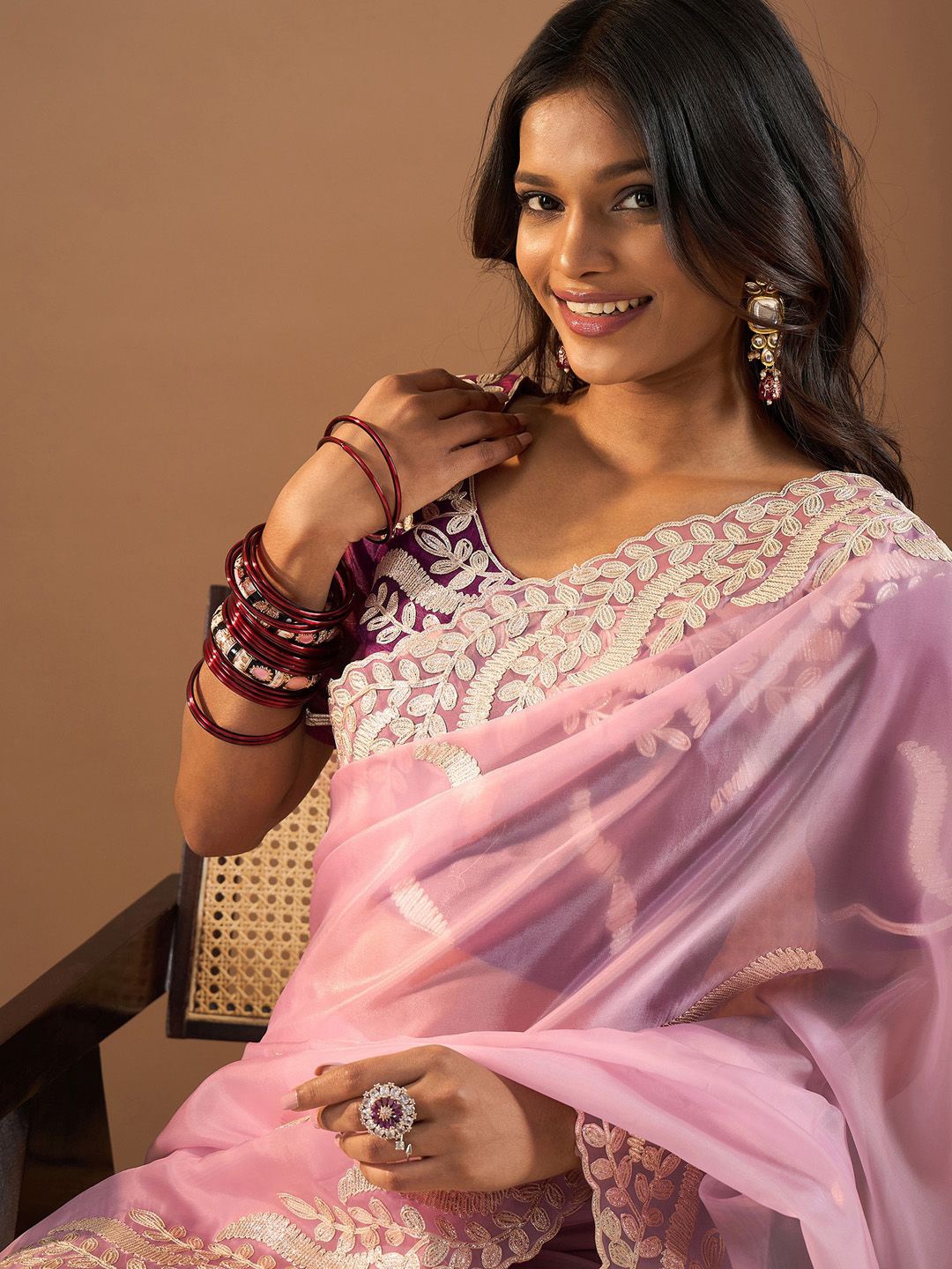 

Saree mall Ethnic Motifs Embroidered Organza Sarees, Mauve