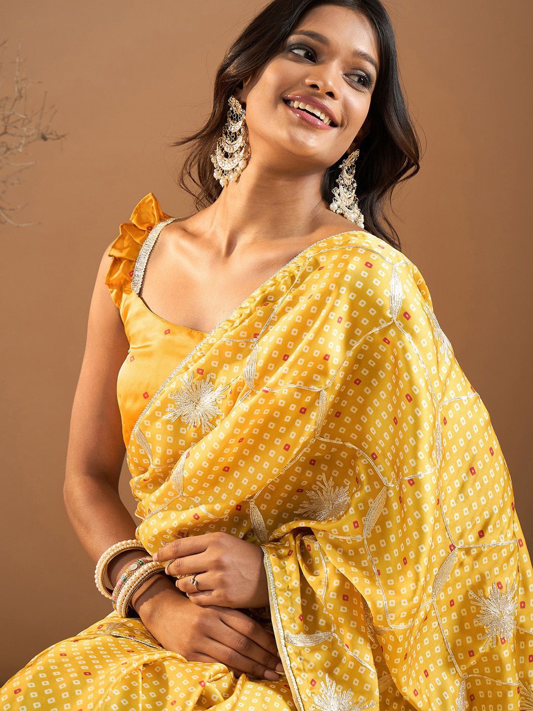 

Saree mall Gotta Patti Satin Bandhani Sarees, Yellow