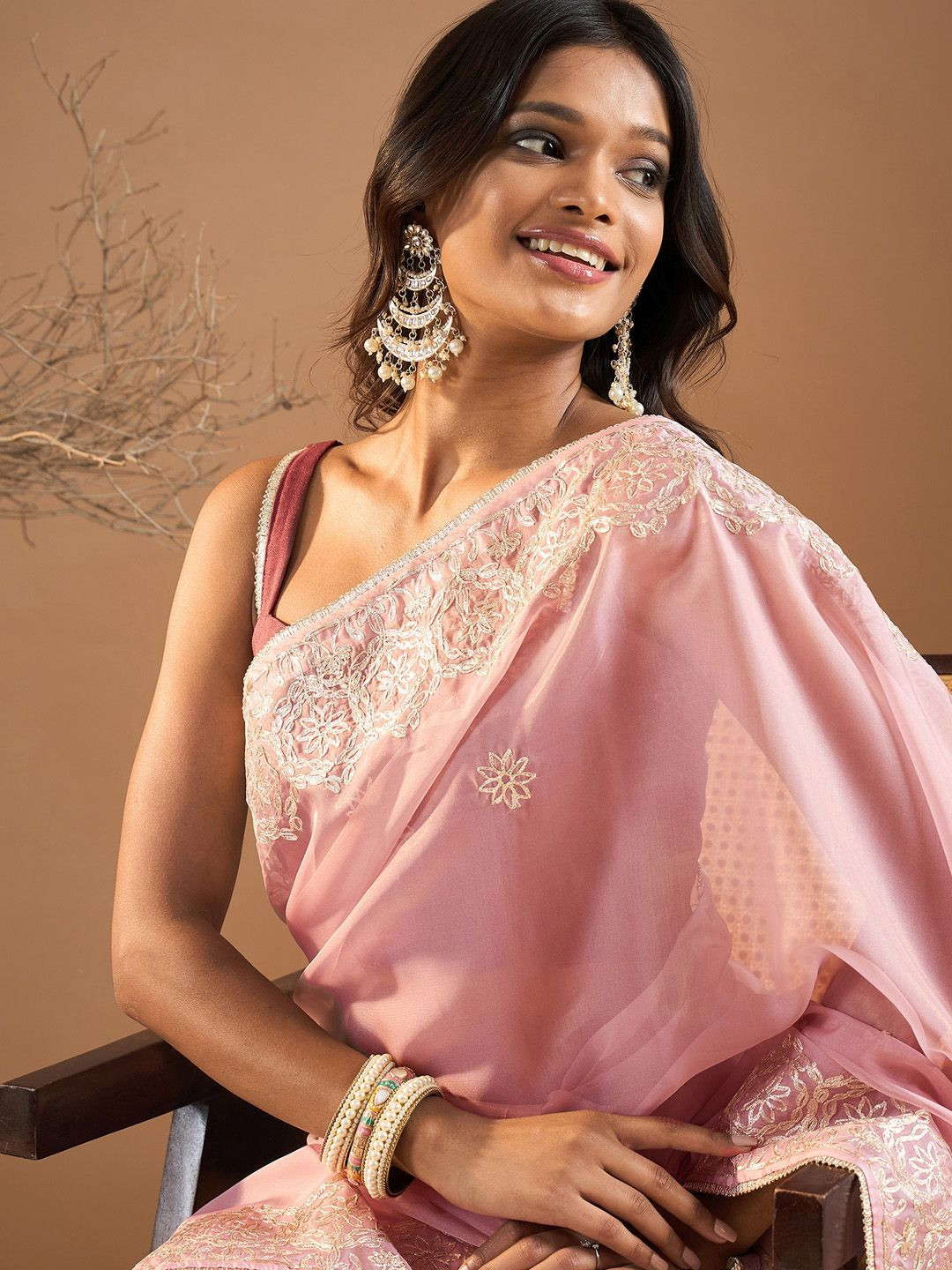 

Saree mall Ethnic Motifs Gotta Patti Organza Saree, Pink
