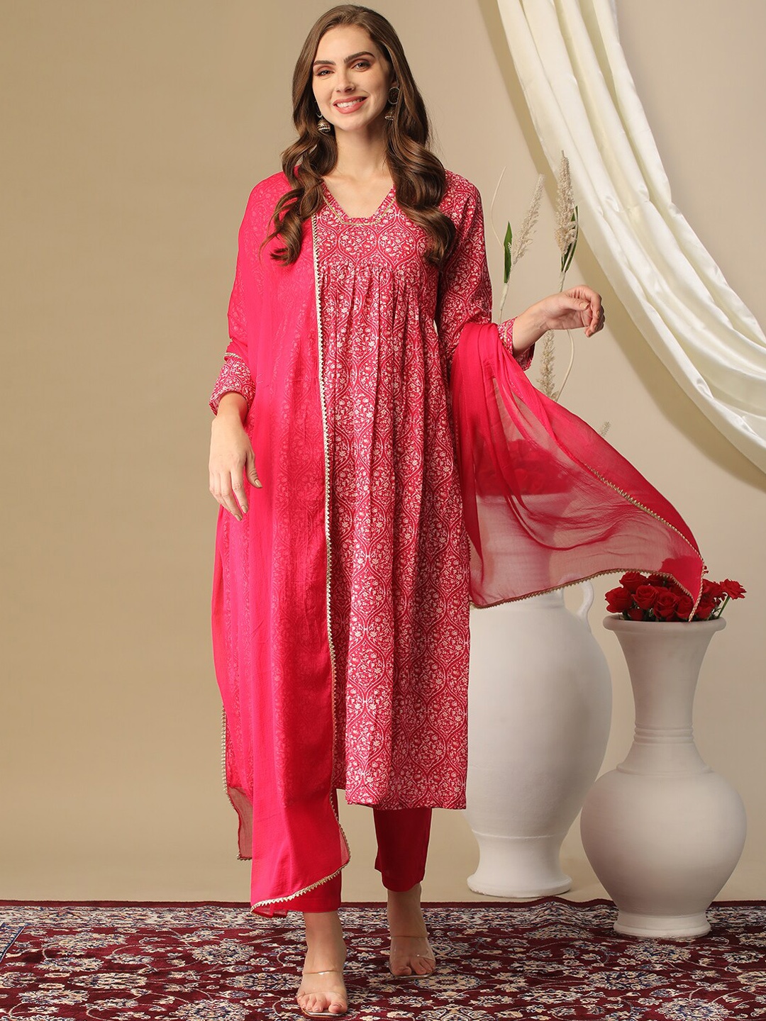 

Anni Designer Floral Printed Regular Kurta with Trousers & Dupatta, Pink